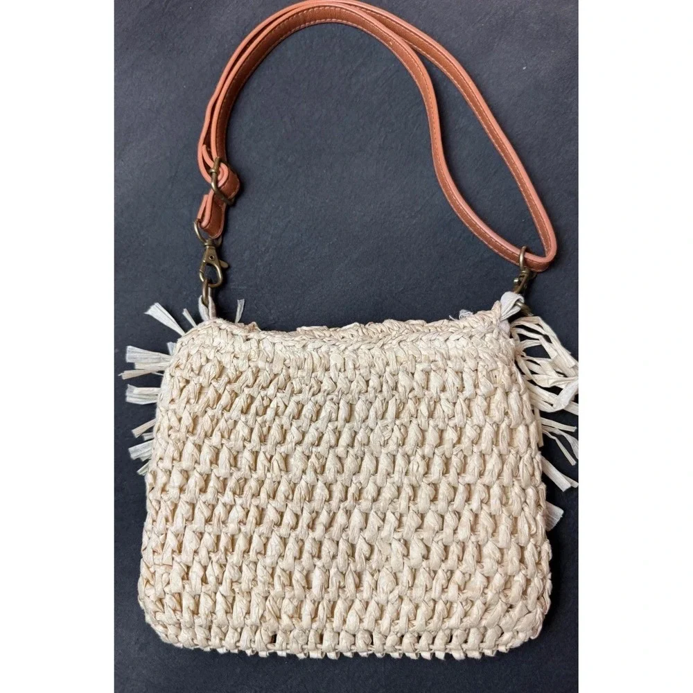 Billabong Woven Straw handBag Cream Beige Fringe Boho Summer Beach Purse